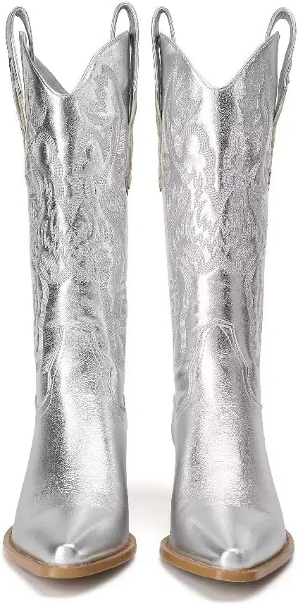 Women's Embroidered Western Cowboy Boots Cowgirl Boots Mid Tube Pointed Toe Chunky Heel Shiny Vintage Fashion Gold Boots