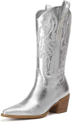 Women's Embroidered Western Cowboy Boots Cowgirl Boots Mid Tube Pointed Toe Chunky Heel Shiny Vintage Fashion Gold Boots