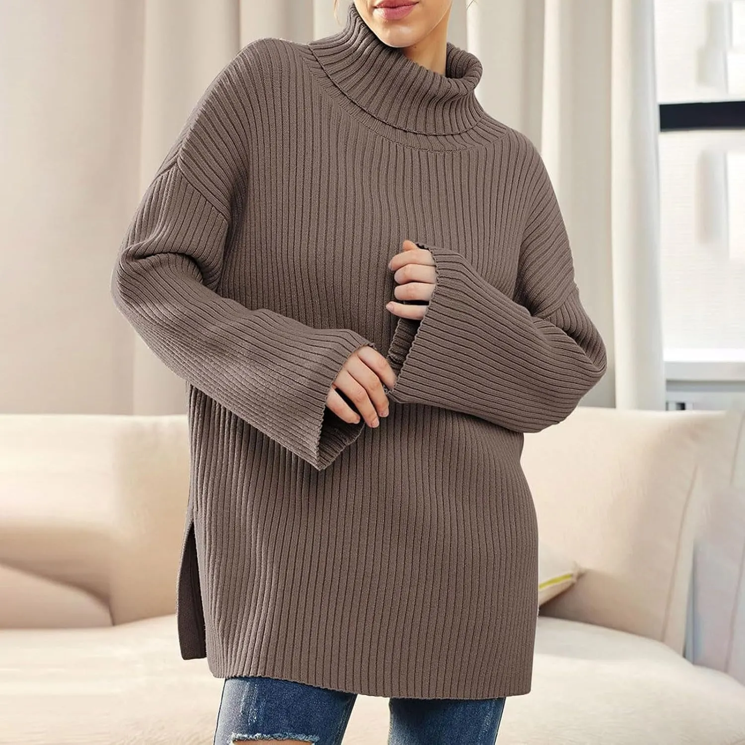 Womens Fall Sweaters Turtleneck Long Sleeve Asymmetric Hem Pullover Knit Oversized Sweater Tops Phat Farm