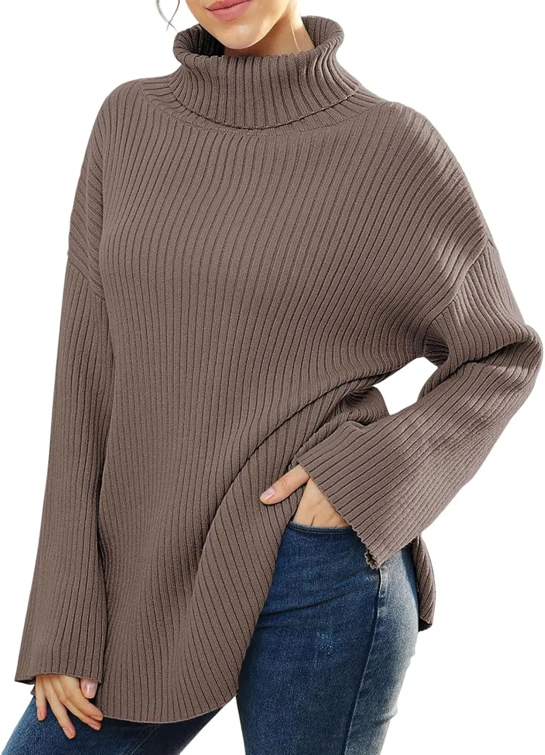 Womens Fall Sweaters Turtleneck Long Sleeve Asymmetric Hem Pullover Knit Oversized Sweater Tops Phat Farm