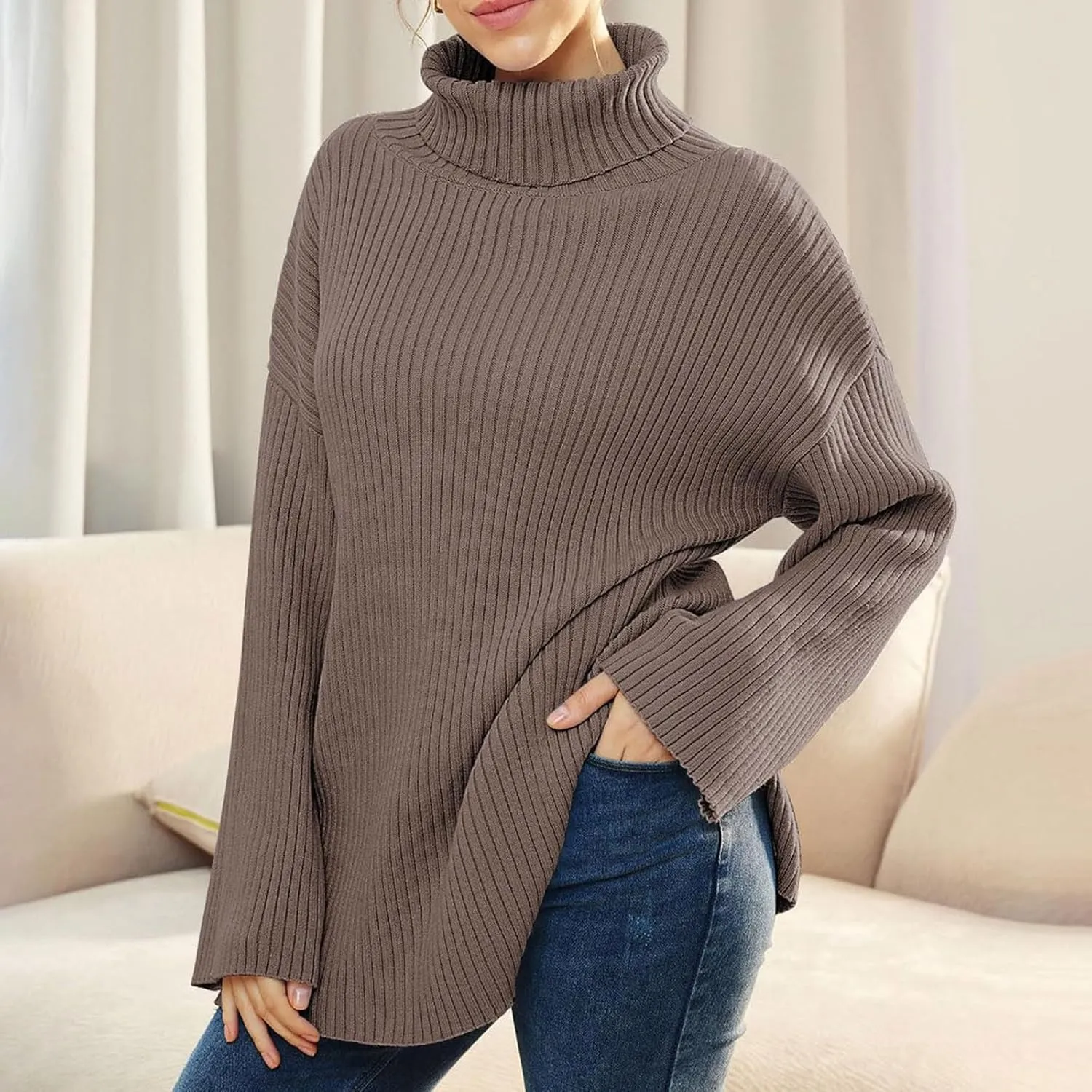 Womens Fall Sweaters Turtleneck Long Sleeve Asymmetric Hem Pullover Knit Oversized Sweater Tops Phat Farm
