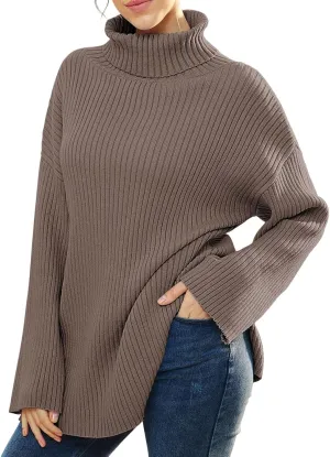 Womens Fall Sweaters Turtleneck Long Sleeve Asymmetric Hem Pullover Knit Oversized Sweater Tops Phat Farm