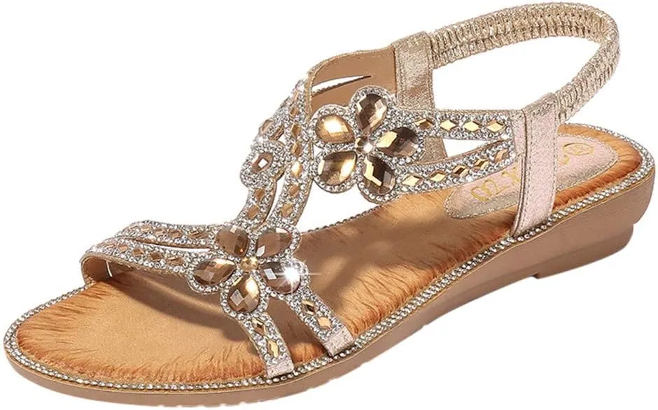 Womens Fashion Sandals Bohemian Rhinestone Flat Shoes Elastic Ankle Strappy Non Slip Arch Support Beach Shoes