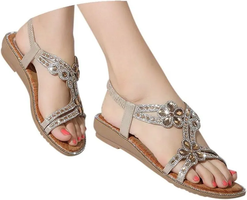 Womens Fashion Sandals Bohemian Rhinestone Flat Shoes Elastic Ankle Strappy Non Slip Arch Support Beach Shoes