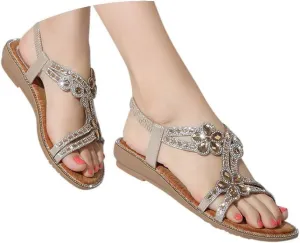 Womens Fashion Sandals Bohemian Rhinestone Flat Shoes Elastic Ankle Strappy Non Slip Arch Support Beach Shoes