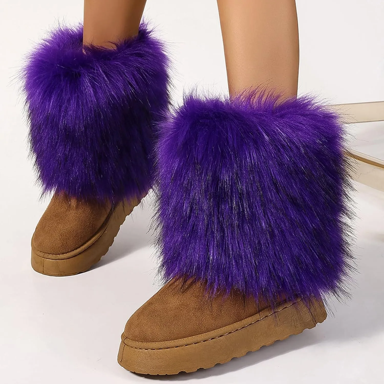 Women's Faux Fur Mid Calf Thick Bottom Boots Winter Warm Plush Snow Boots Comfortable Outdoor Flat Shoes