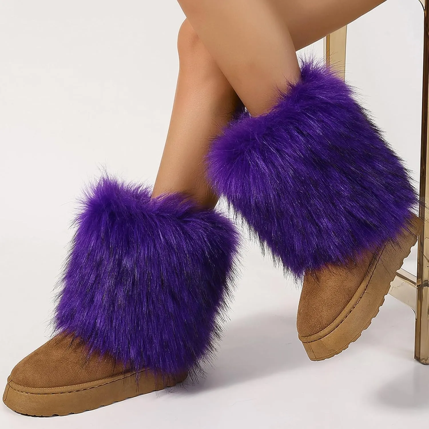 Women's Faux Fur Mid Calf Thick Bottom Boots Winter Warm Plush Snow Boots Comfortable Outdoor Flat Shoes