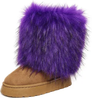 Women's Faux Fur Mid Calf Thick Bottom Boots Winter Warm Plush Snow Boots Comfortable Outdoor Flat Shoes