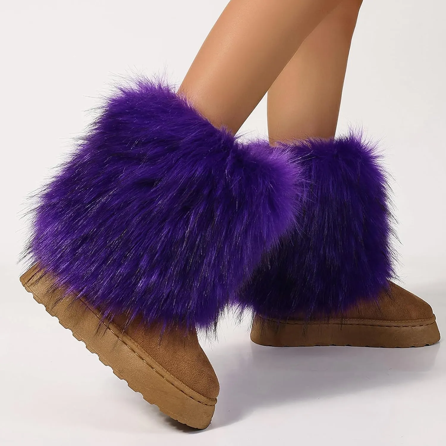 Women's Faux Fur Mid Calf Thick Bottom Boots Winter Warm Plush Snow Boots Comfortable Outdoor Flat Shoes