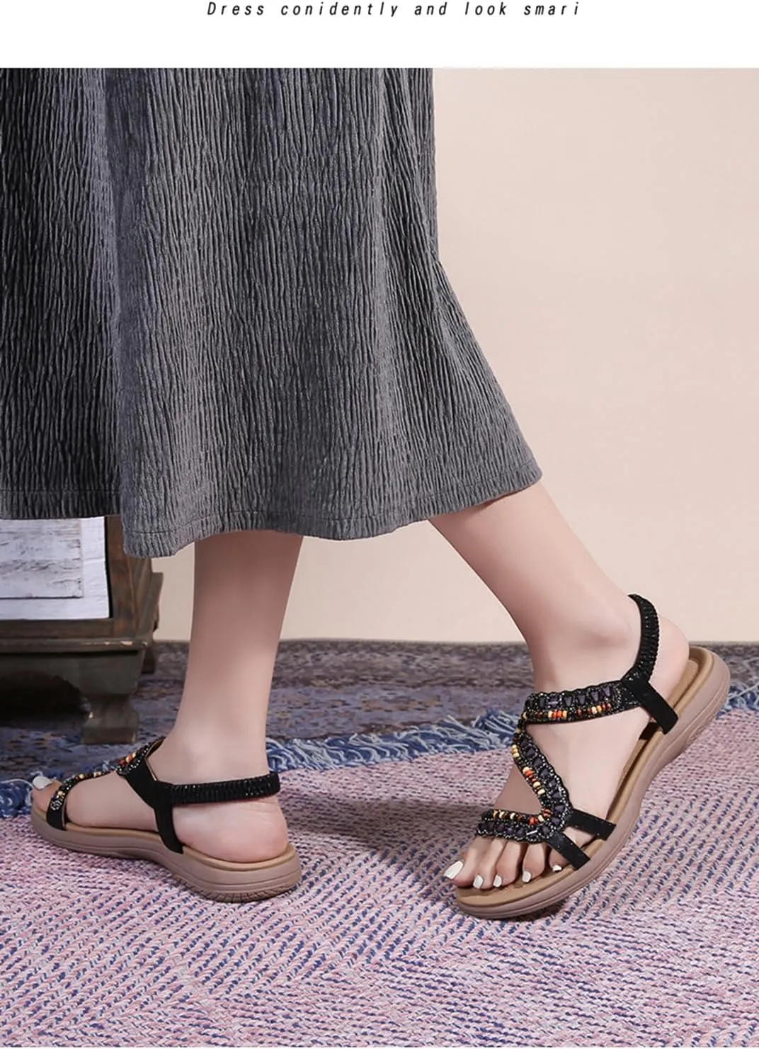 Womens Flat Sandals Elastic Ankle Strap Sandals Dressy Casual Summer Comfortable T-Strap Outdoor Beach Wedding Sandals