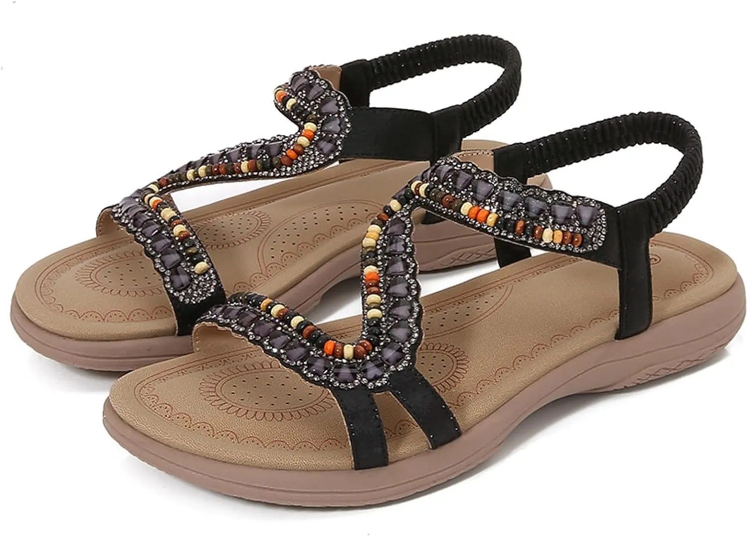 Womens Flat Sandals Elastic Ankle Strap Sandals Dressy Casual Summer Comfortable T-Strap Outdoor Beach Wedding Sandals