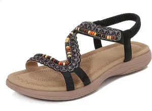 Womens Flat Sandals Elastic Ankle Strap Sandals Dressy Casual Summer Comfortable T-Strap Outdoor Beach Wedding Sandals