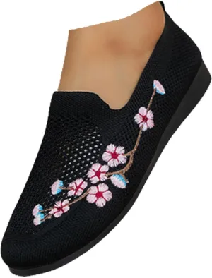 Women's Floral Embroidered Knitted Flat Shoes Casual Breathable Knitted Slip On Loafers National Style Soft Bottom Walking Shoe