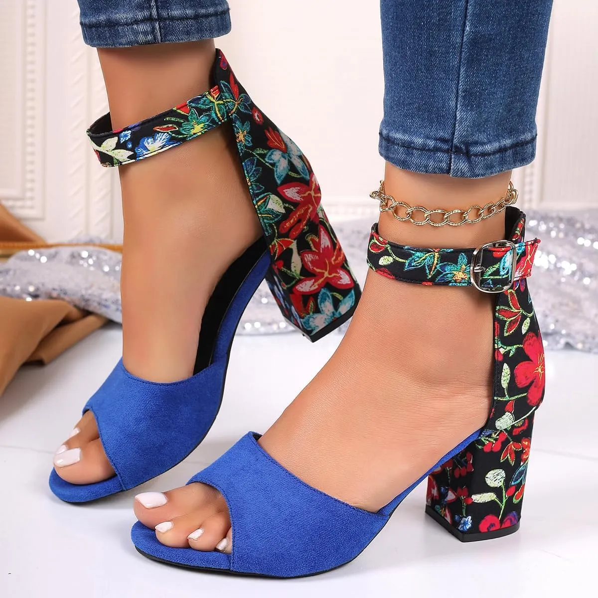 Women's Floral Print Open Toe Block High Heels Summer Party Weddings Womens Sandals