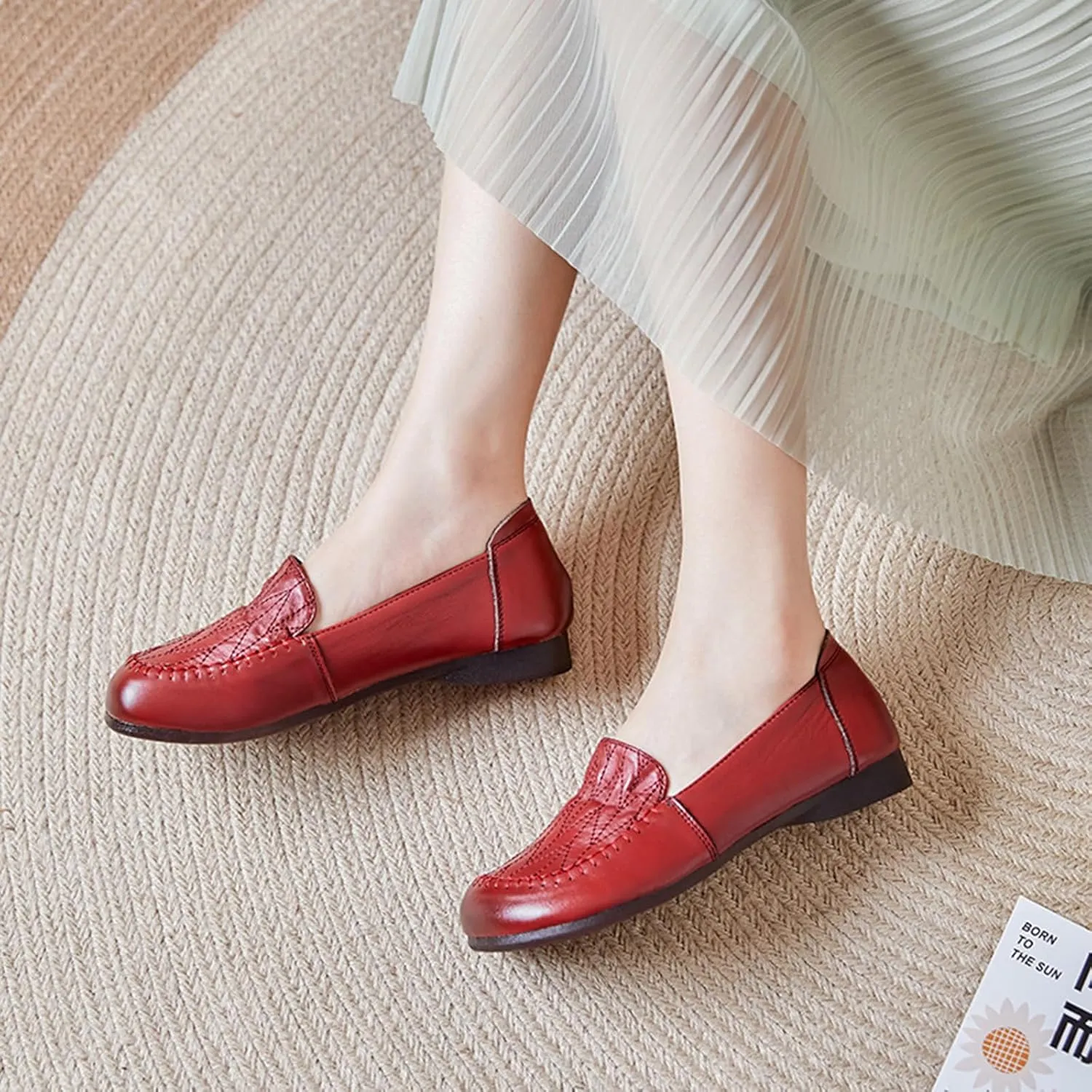 Women's Genuine Leather Flats Loafers,Slip On Shallow Mouth Beef Tendon Soft Sole Mom Walking Shoes,Lightweight Comfort Business Driving Work Office Casual Shoes