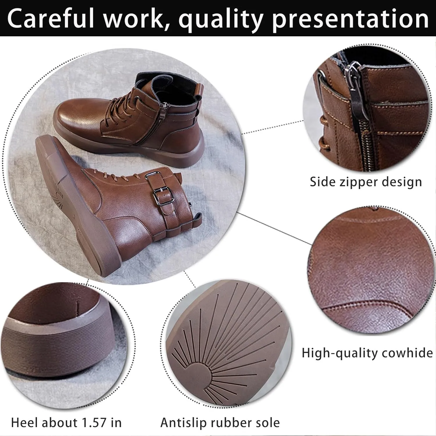 Women's Genuine Leather Platform Lace up Combat Boots Retro Round Toe High-top Buckle Soft Sole Non-Slip Side Zipper Ankle Boots Plush Lining Warm Winter Boots