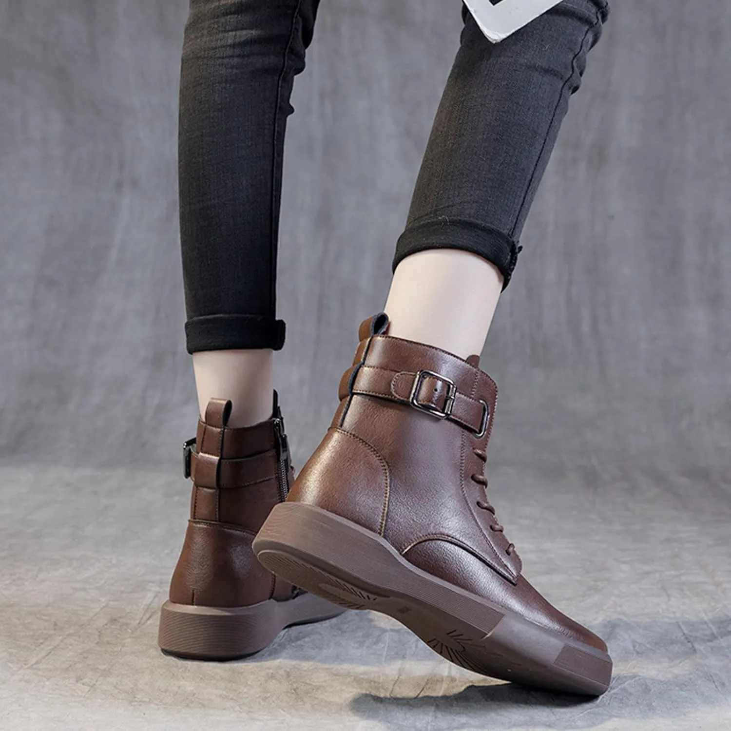 Women's Genuine Leather Platform Lace up Combat Boots Retro Round Toe High-top Buckle Soft Sole Non-Slip Side Zipper Ankle Boots Plush Lining Warm Winter Boots