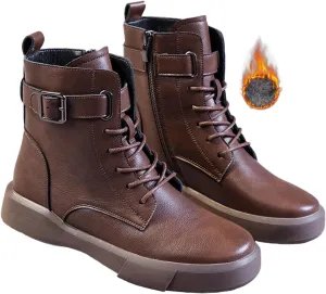 Women's Genuine Leather Platform Lace up Combat Boots Retro Round Toe High-top Buckle Soft Sole Non-Slip Side Zipper Ankle Boots Plush Lining Warm Winter Boots