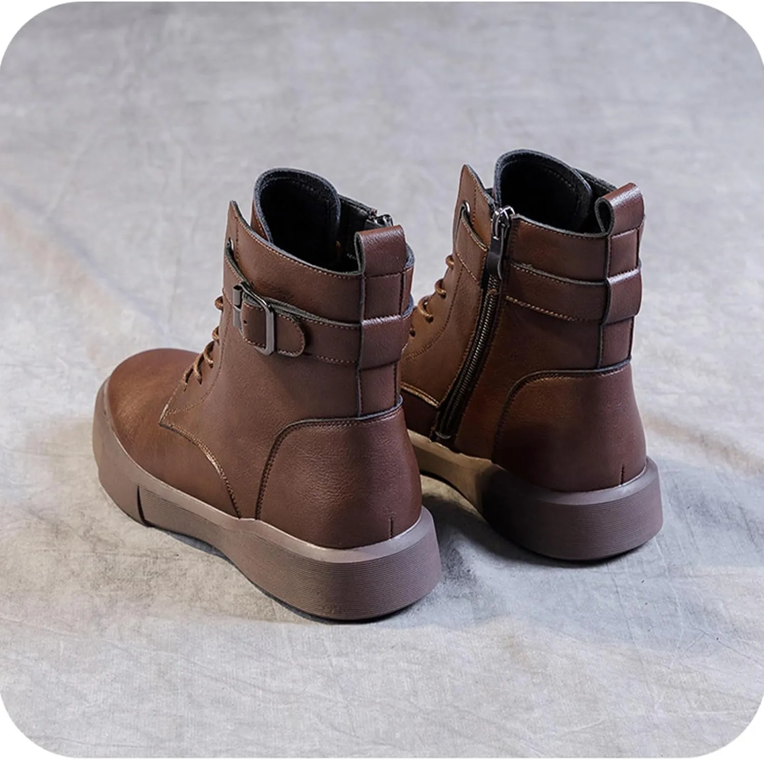 Women's Genuine Leather Platform Lace up Combat Boots Retro Round Toe High-top Buckle Soft Sole Non-Slip Side Zipper Ankle Boots Plush Lining Warm Winter Boots