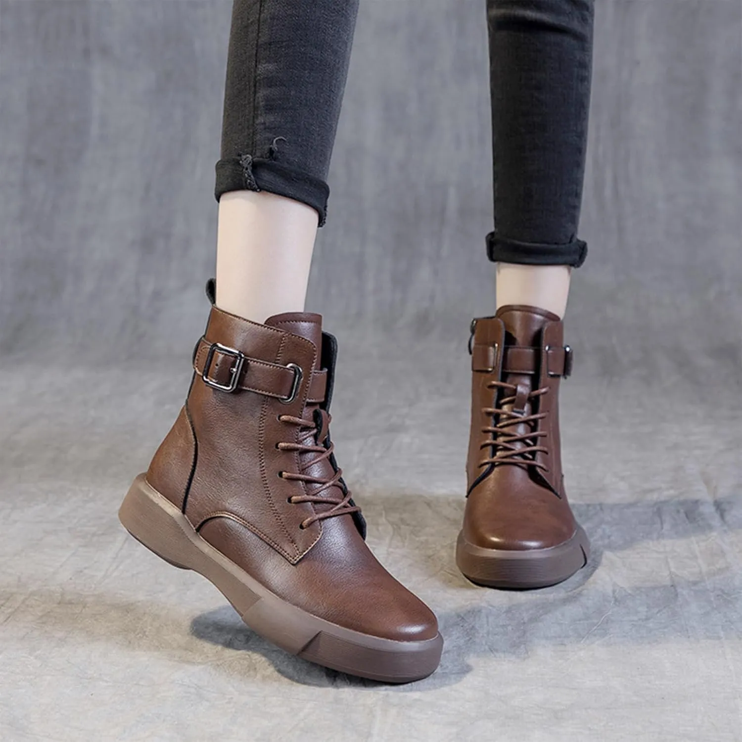 Women's Genuine Leather Platform Lace up Combat Boots Retro Round Toe High-top Buckle Soft Sole Non-Slip Side Zipper Ankle Boots Plush Lining Warm Winter Boots
