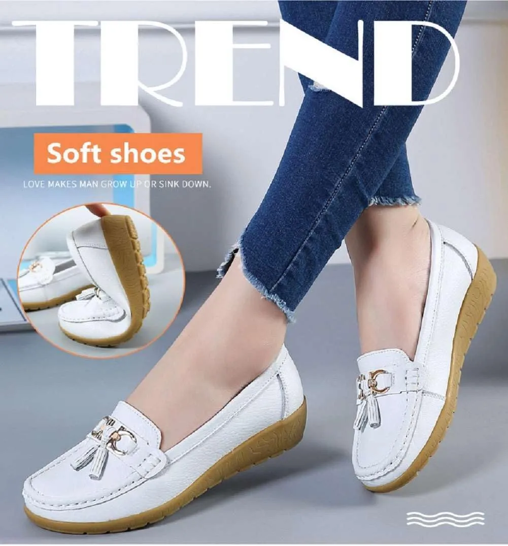 Women's Genuine Leather Platform Loafers Classic Casual Comfort Slip-On Shoes Soft Sole Dress Shoes