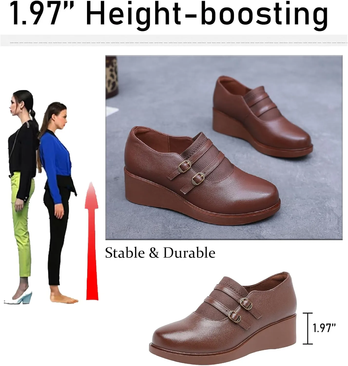 Women's Genuine Leather Wedge Loafers with Adjust Buckle Strap Casual Comfortable Round Toe Slip On Soft Platform Walking Shoes for Daily Driving Work Mom Shoes