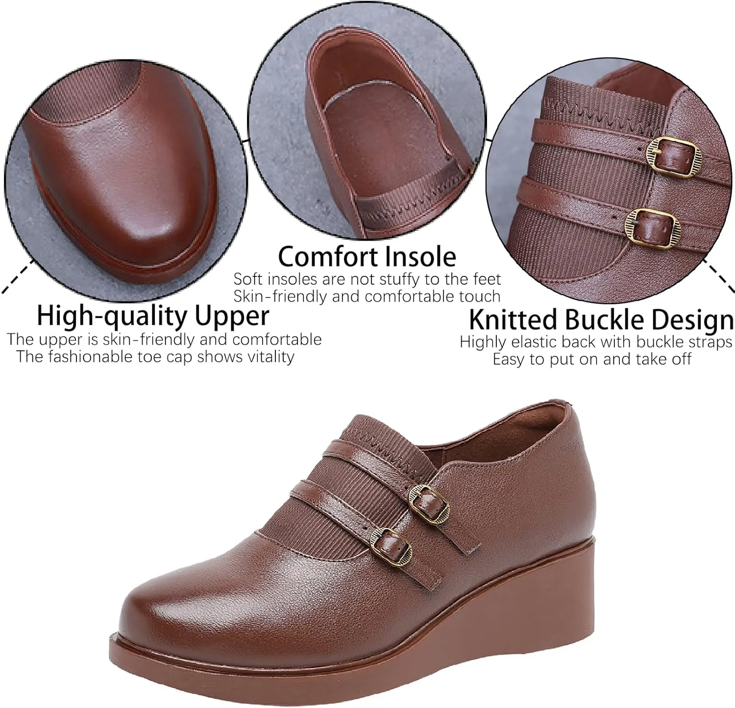 Women's Genuine Leather Wedge Loafers with Adjust Buckle Strap Casual Comfortable Round Toe Slip On Soft Platform Walking Shoes for Daily Driving Work Mom Shoes