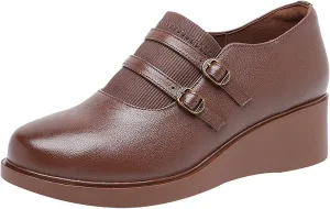 Women's Genuine Leather Wedge Loafers with Adjust Buckle Strap Casual Comfortable Round Toe Slip On Soft Platform Walking Shoes for Daily Driving Work Mom Shoes