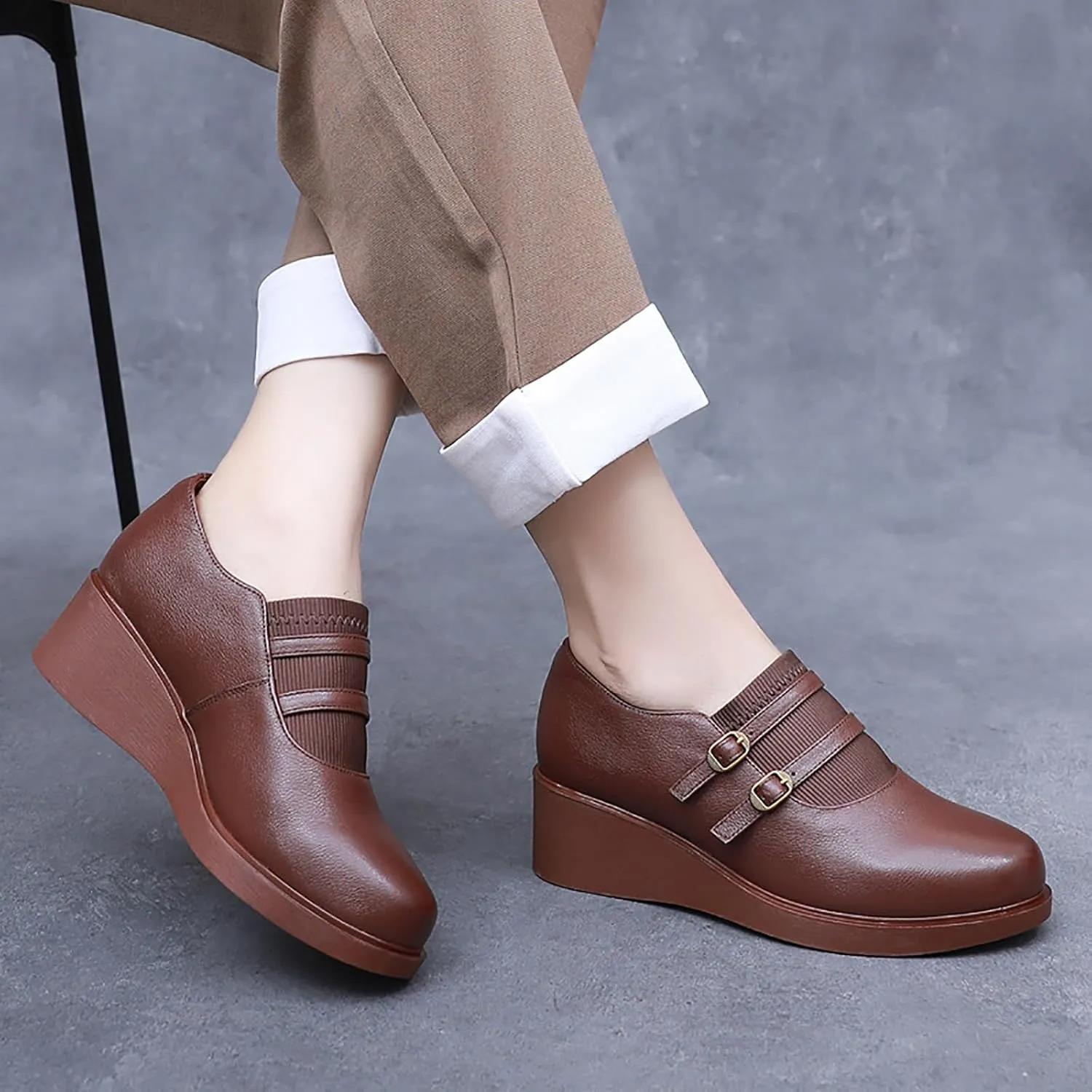 Women's Genuine Leather Wedge Loafers with Adjust Buckle Strap Casual Comfortable Round Toe Slip On Soft Platform Walking Shoes for Daily Driving Work Mom Shoes