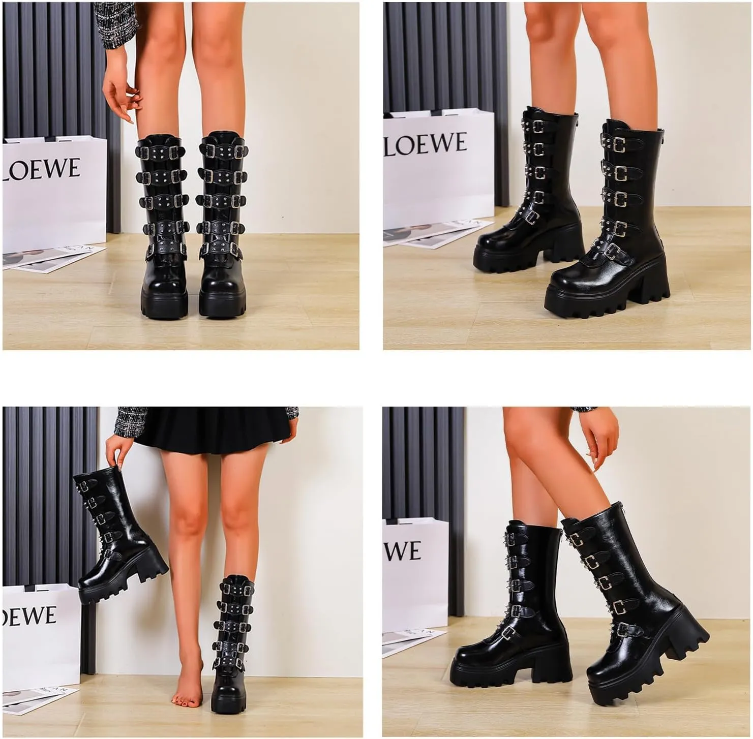 Women's Goth Platform Mid Calf Boots Studded Wide Mid Calf Combat Punk Boots Round Toe Buckle Chunky Heel Back Zipper Thick Sole Ankle Booties