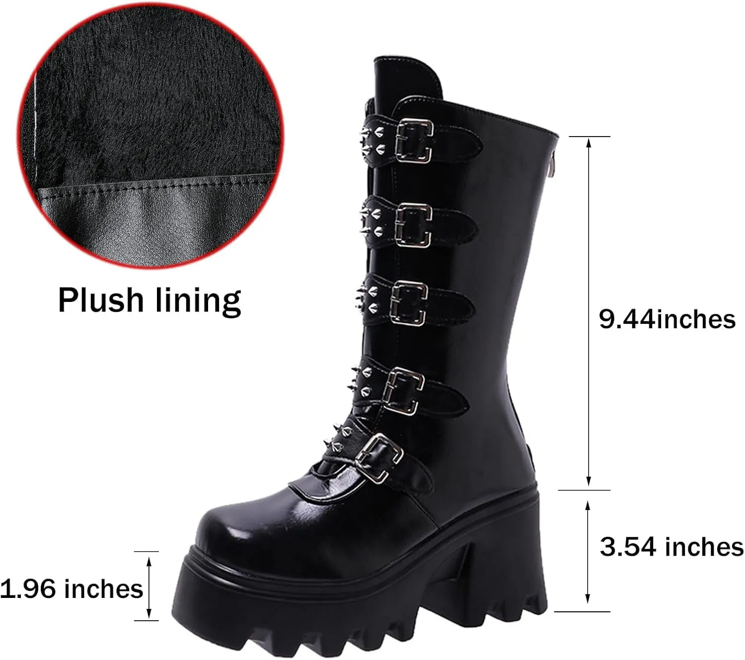 Women's Goth Platform Mid Calf Boots Studded Wide Mid Calf Combat Punk Boots Round Toe Buckle Chunky Heel Back Zipper Thick Sole Ankle Booties