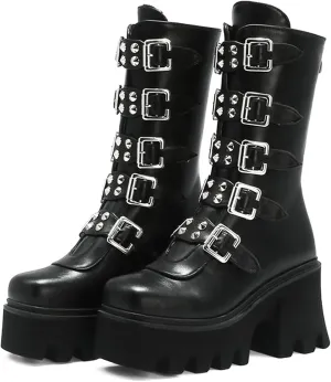 Women's Goth Platform Mid Calf Boots Studded Wide Mid Calf Combat Punk Boots Round Toe Buckle Chunky Heel Back Zipper Thick Sole Ankle Booties