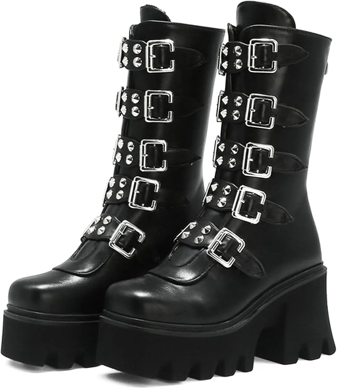 Women's Goth Platform Mid Calf Boots Studded Wide Mid Calf Combat Punk Boots Round Toe Buckle Chunky Heel Back Zipper Thick Sole Ankle Booties