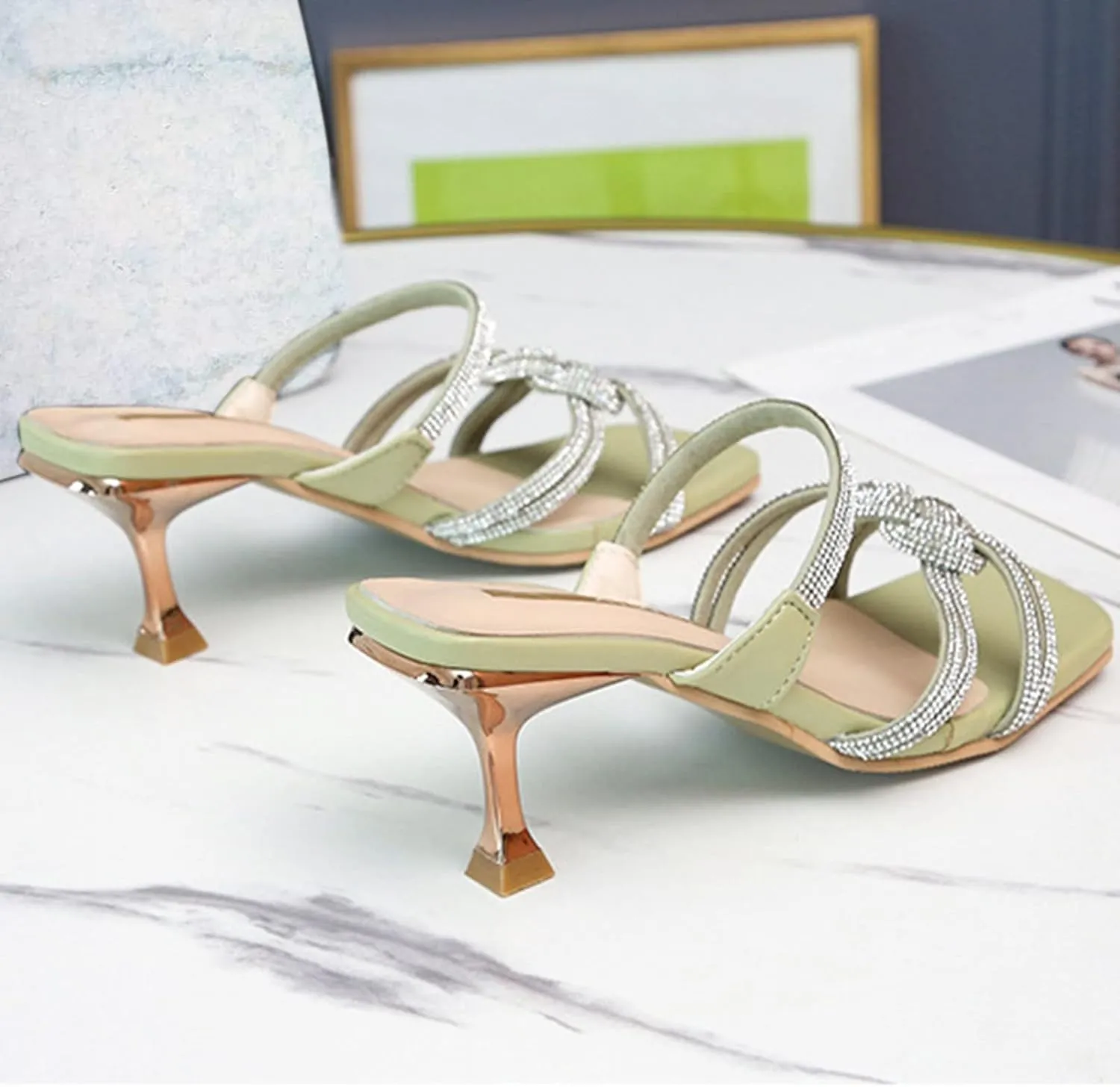 Women's Heeled Sandals Open Toe Stiletto Heel Slingback Pumps Square Toe Double Strap Mules for Part𝐲 Wedding