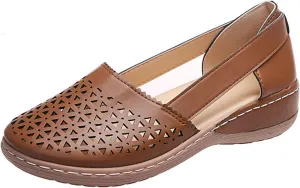 Womens Hollow Ballet Flats Casual Round Toe Low Heels Comfortable Vintage Leather Dress Shoes Walking Mary Janes Platform Wedge Slip On Loafers Wide Retro Comfort Oxfords Ladies Travel Closed Sandals