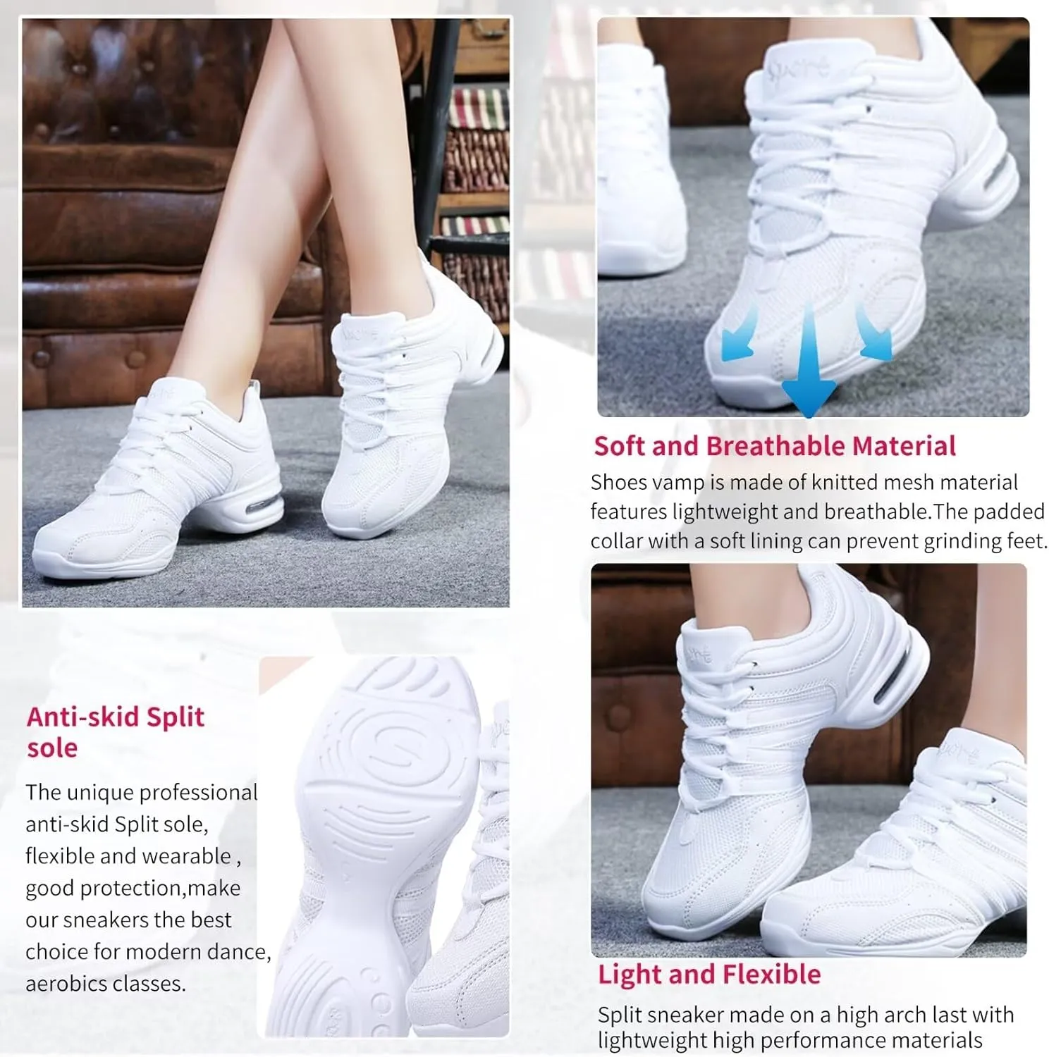 Women's Jazz Shoes Lace-up SneakersMesh Slip Thick Soled Jazz Dance Shoes Cushion Lady Girls Modern Breathable Air Cushion Split Sole Athletic Walking Dance Shoes