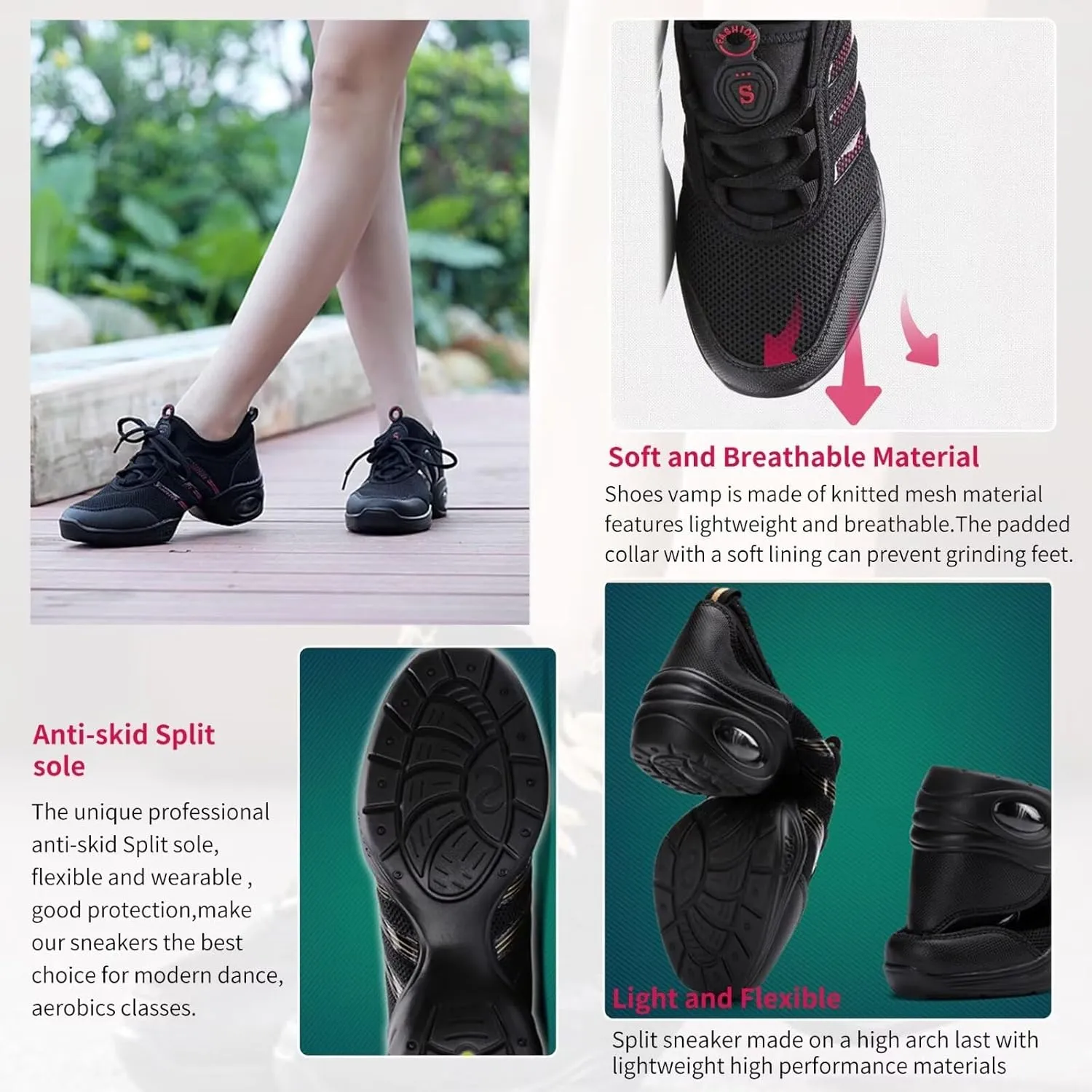 Women's Jazz Shoes Lace-up SneakersMesh Slip Thick Soled Jazz Dance Shoes Cushion Lady Girls Modern Breathable Air Cushion Split Sole Athletic Walking Dance Shoes