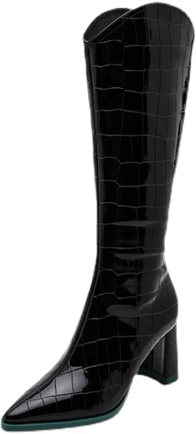 Women's Knee High Autumn And Winter Shoes Leather Motorcycle Pump Thick Heel Boots Women