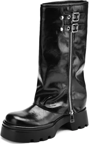 Women's Knee High Boots Comfortable Platform Round Toe Moto Boots Buckle Dress Fold Over Boots for Women
