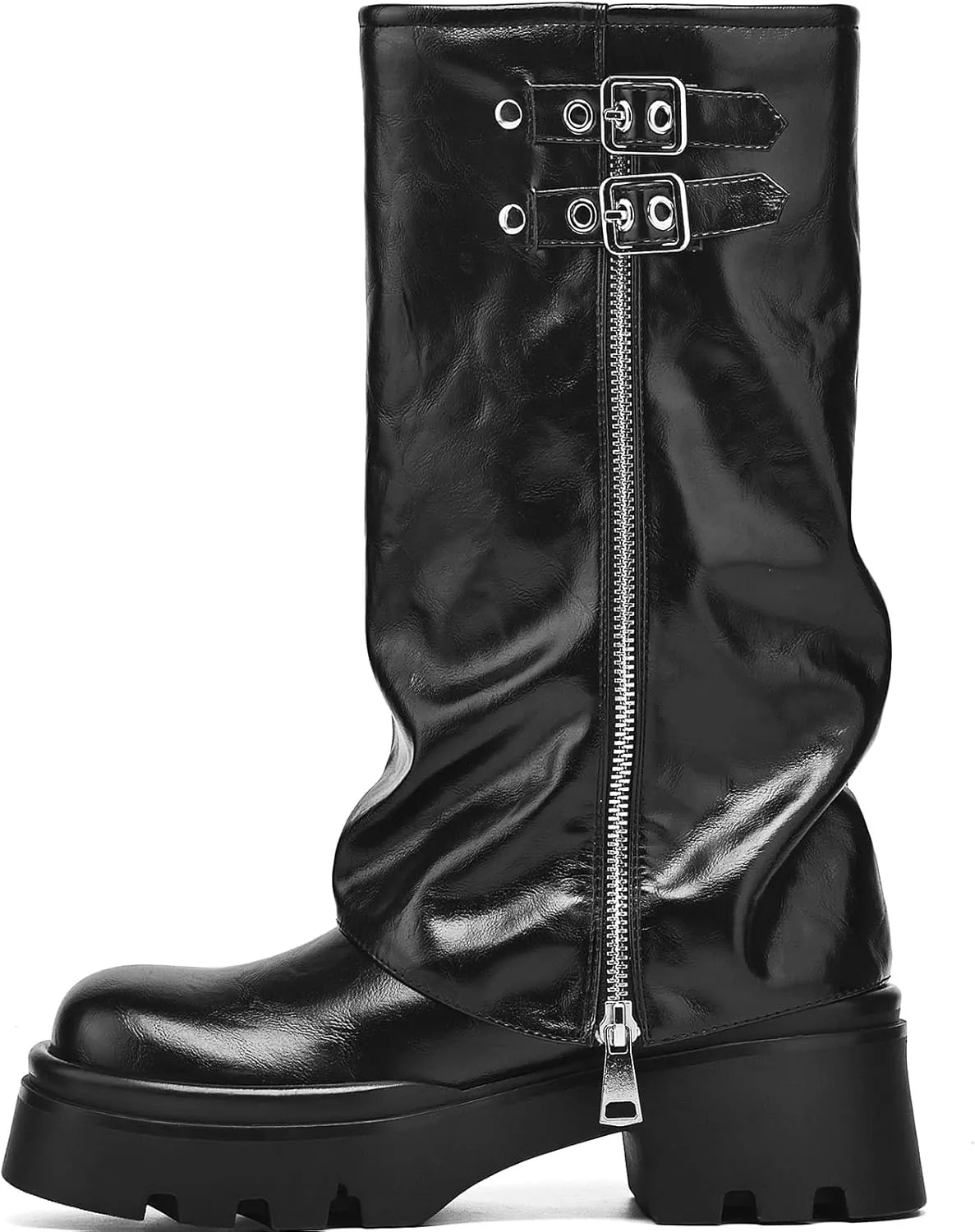 Women's Knee High Boots Comfortable Platform Round Toe Moto Boots Buckle Dress Fold Over Boots for Women