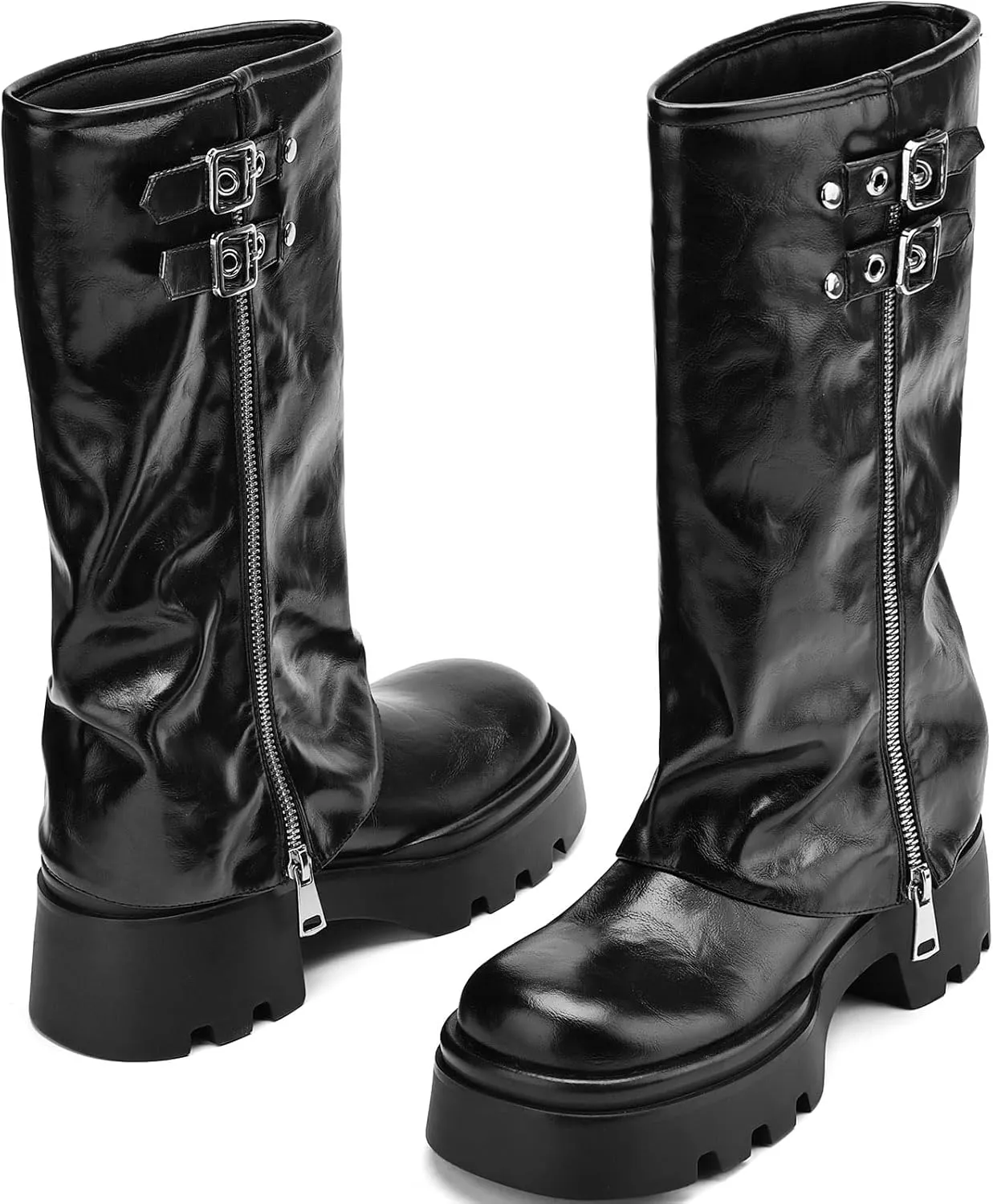 Women's Knee High Boots Comfortable Platform Round Toe Moto Boots Buckle Dress Fold Over Boots for Women