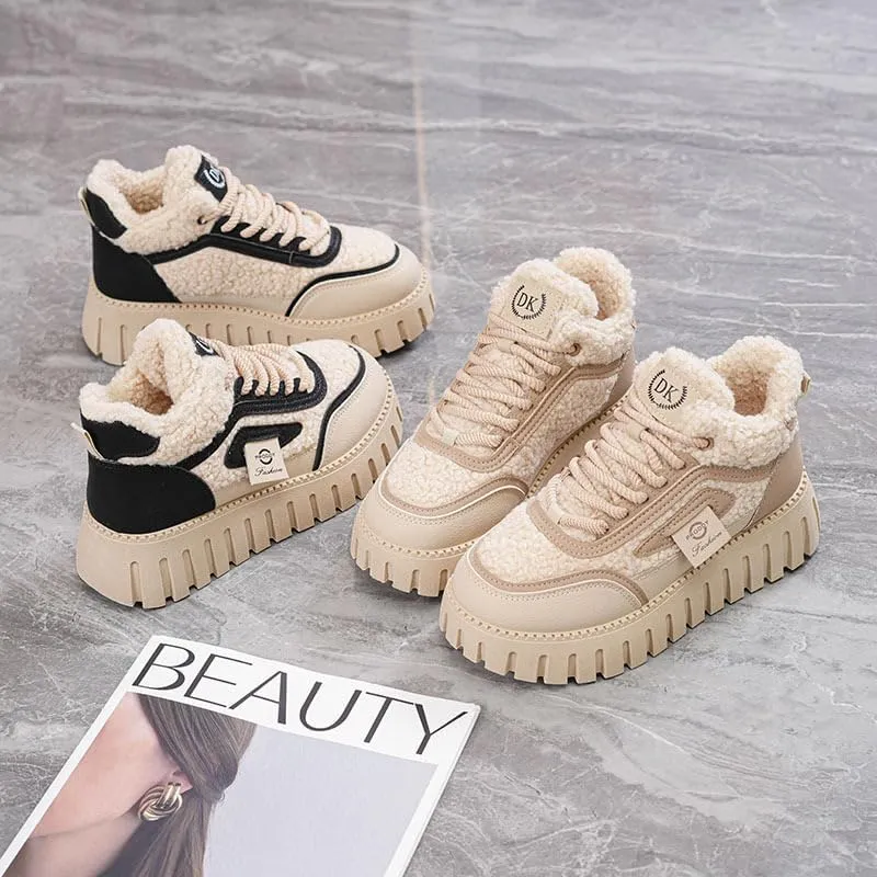 Women's lace up thick soled snow boots, comfortable lambskin short boots for warmth, anti slip, lightweight winter shoes