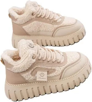 Women's lace up thick soled snow boots, comfortable lambskin short boots for warmth, anti slip, lightweight winter shoes