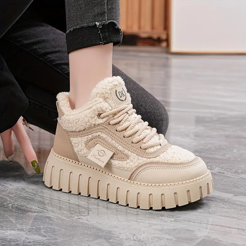 Women's lace up thick soled snow boots, comfortable lambskin short boots for warmth, anti slip, lightweight winter shoes