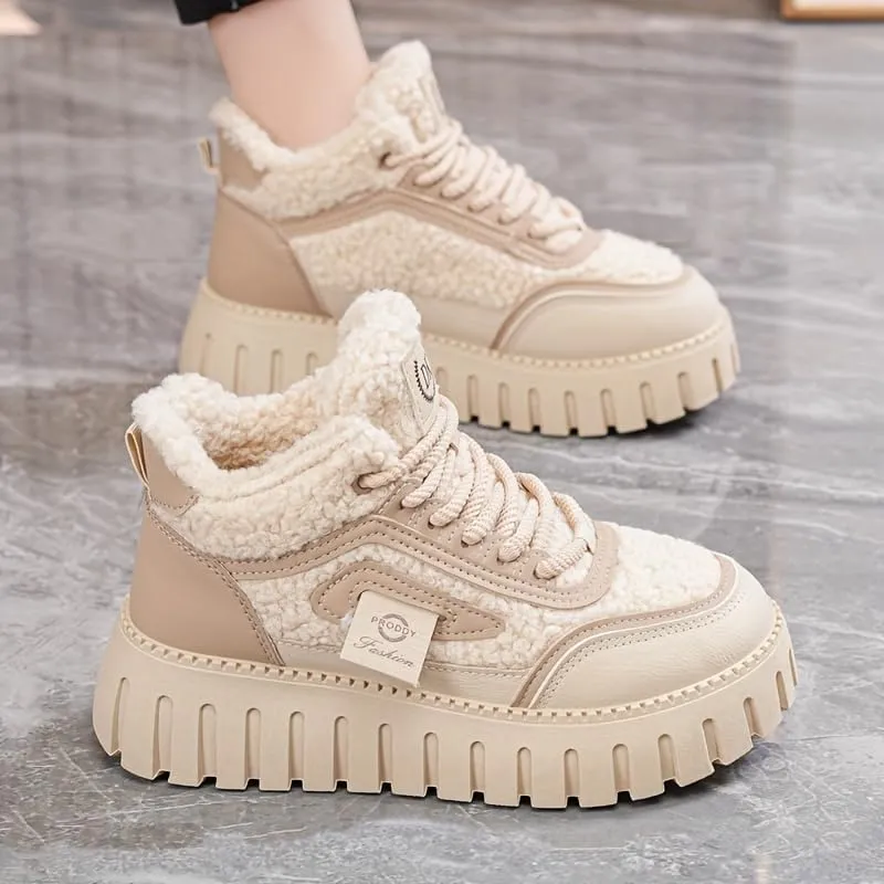 Women's lace up thick soled snow boots, comfortable lambskin short boots for warmth, anti slip, lightweight winter shoes
