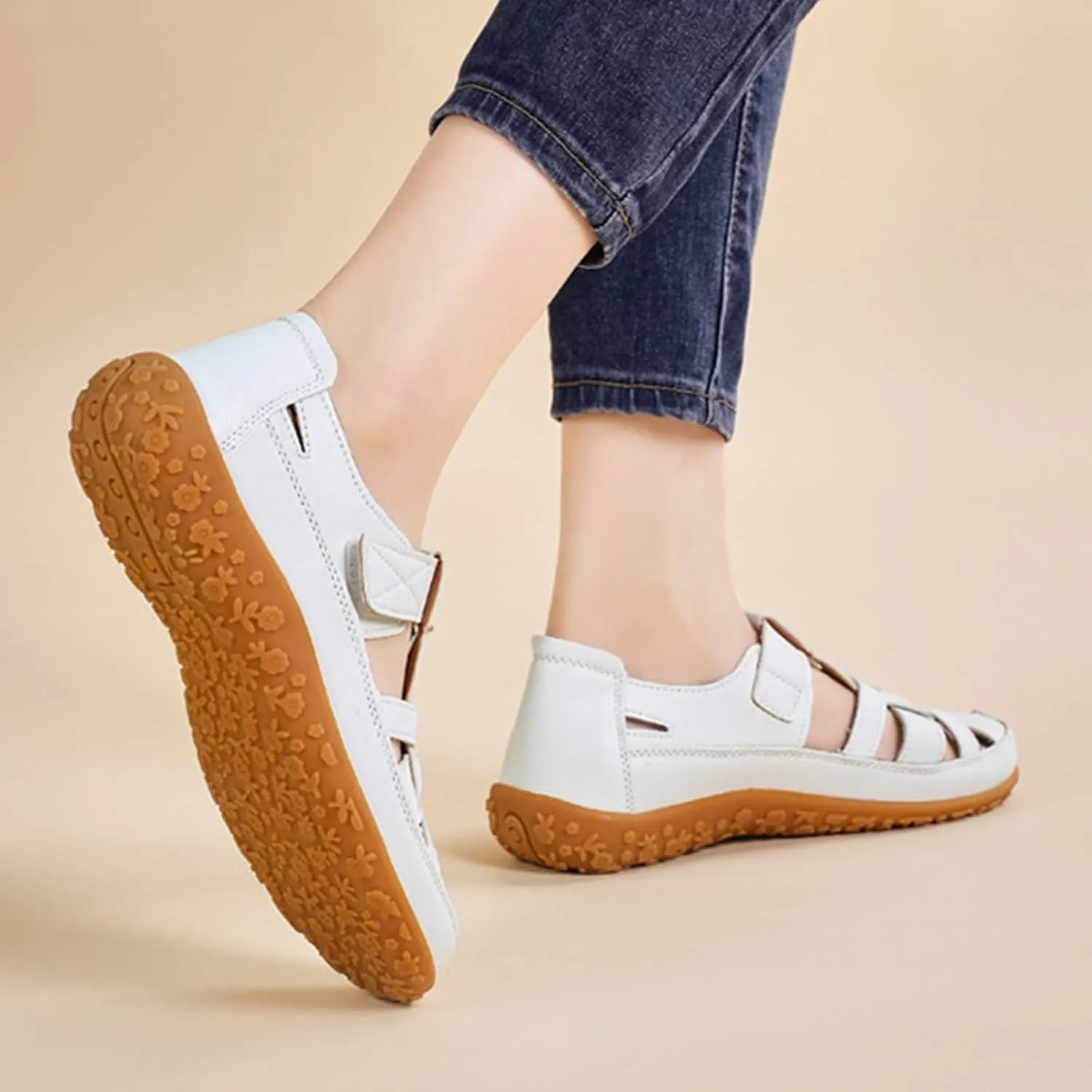 Women's Leather Cutout Flat Loafers Closed Round Toe Adjustable Hook and loop Non-Slip Soft Bottom Beach Sandals Daily Breathable Walking Casuals