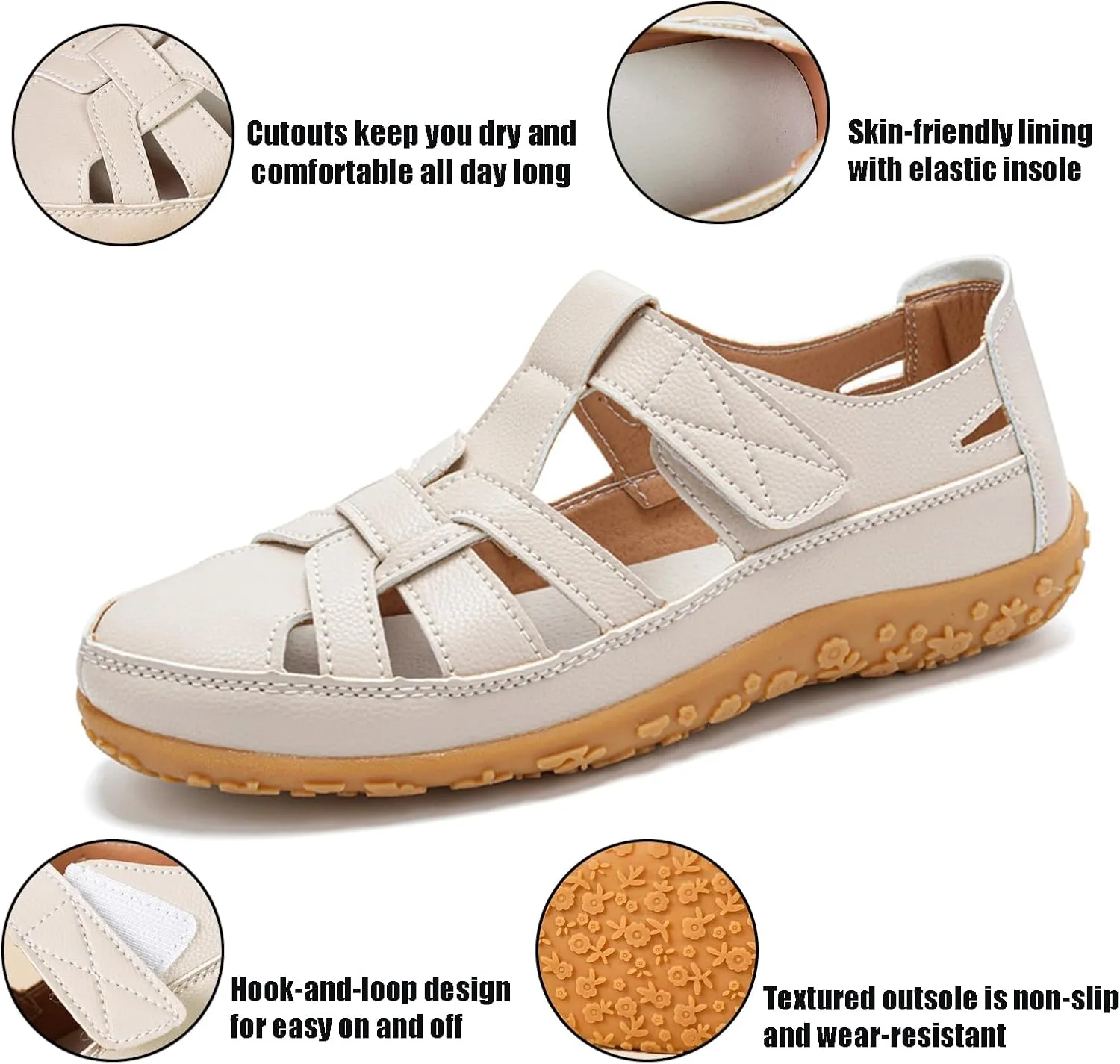 Women's Leather Cutout Flat Loafers Closed Round Toe Adjustable Hook and loop Non-Slip Soft Bottom Beach Sandals Daily Breathable Walking Casuals