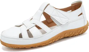 Women's Leather Cutout Flat Loafers Closed Round Toe Adjustable Hook and loop Non-Slip Soft Bottom Beach Sandals Daily Breathable Walking Casuals