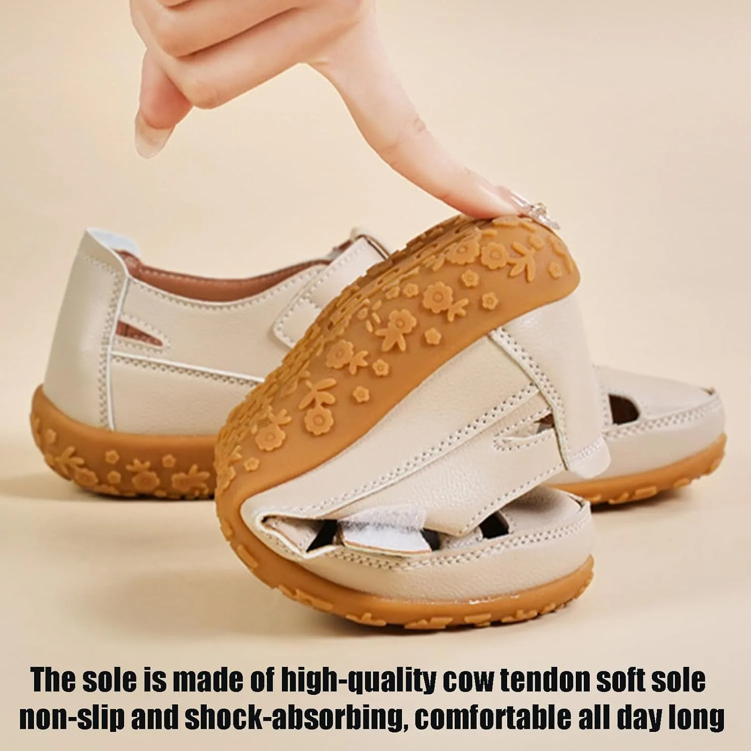 Women's Leather Cutout Flat Loafers Closed Round Toe Adjustable Hook and loop Non-Slip Soft Bottom Beach Sandals Daily Breathable Walking Casuals