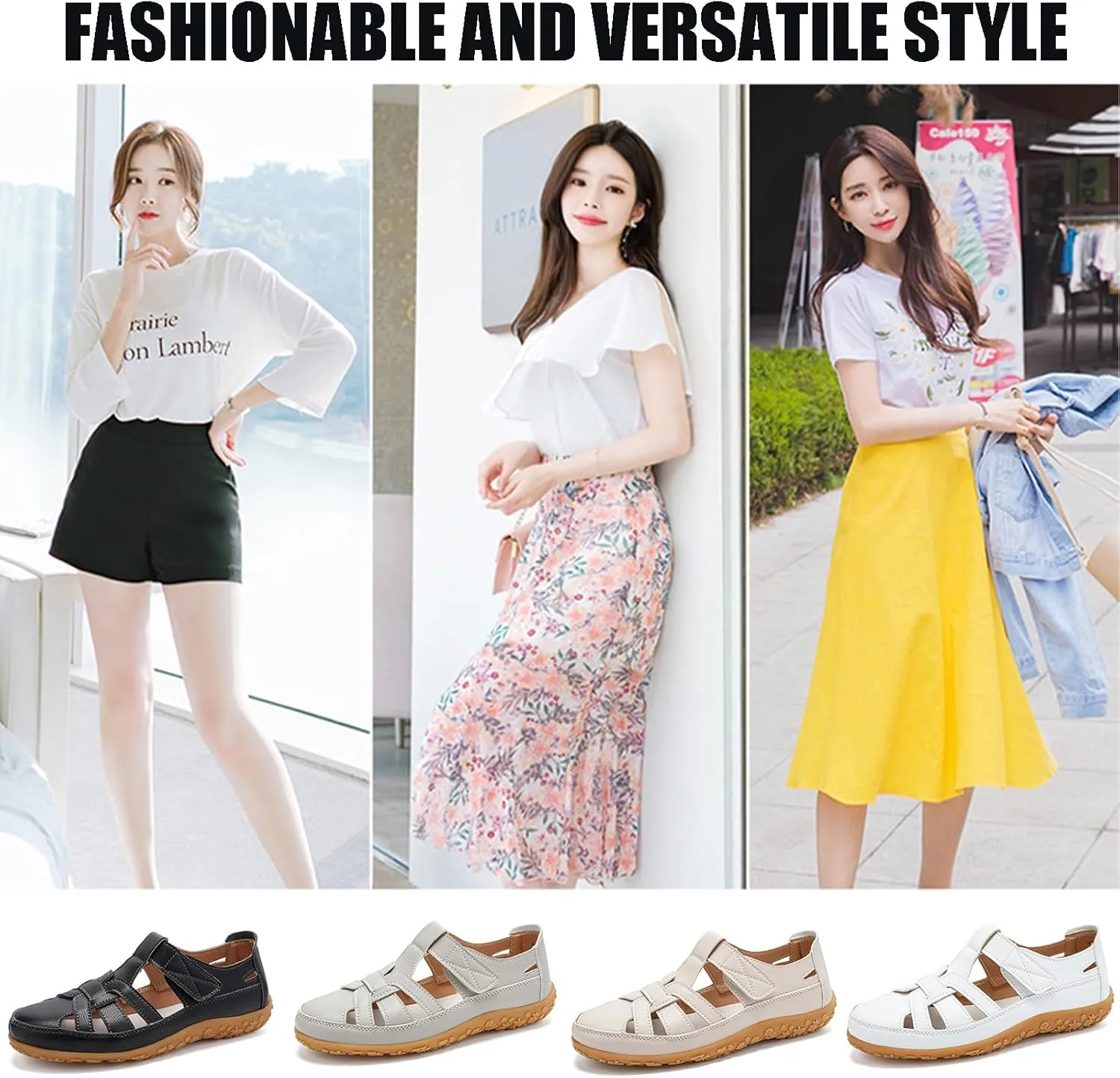 Women's Leather Cutout Flat Loafers Closed Round Toe Adjustable Hook and loop Non-Slip Soft Bottom Beach Sandals Daily Breathable Walking Casuals